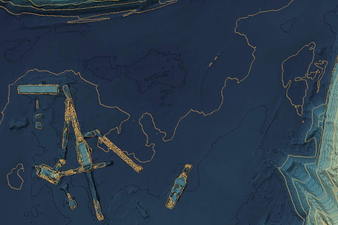 Elevation model with 1 ft contours of an aggregate plant pad and stockpiles, from a Lurid X volumetric flight
